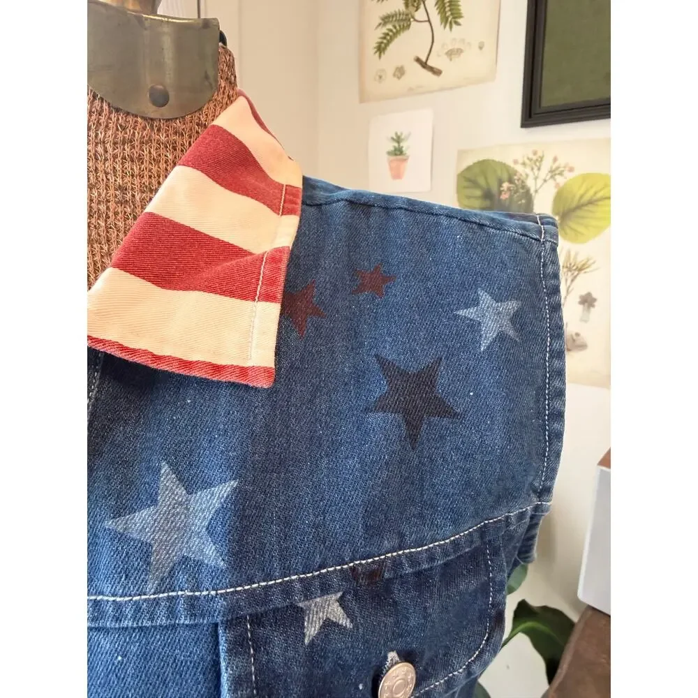 Vintage Americana Denim Vest Small Flag Collar Star Print Western USA Patriotic - Picture 2 of 8